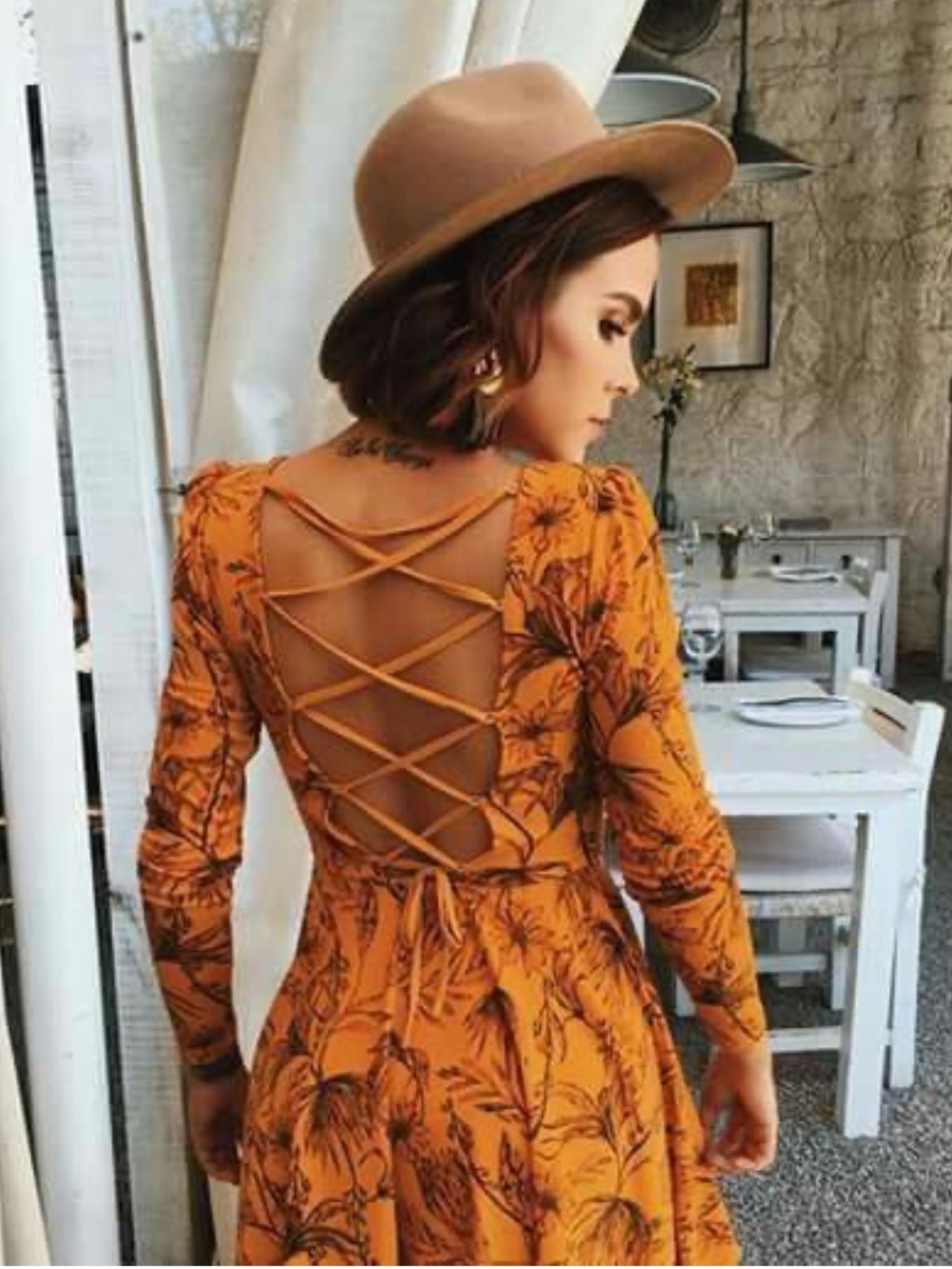 Kimchi Blue Women’s Mustard Floral Lace-Up Back Dress